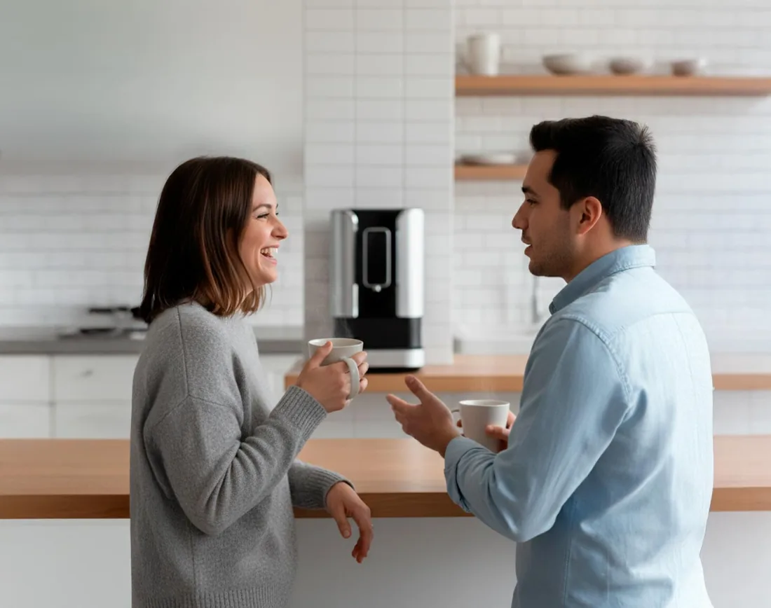 Dos personas charlando con un café en la oficina
